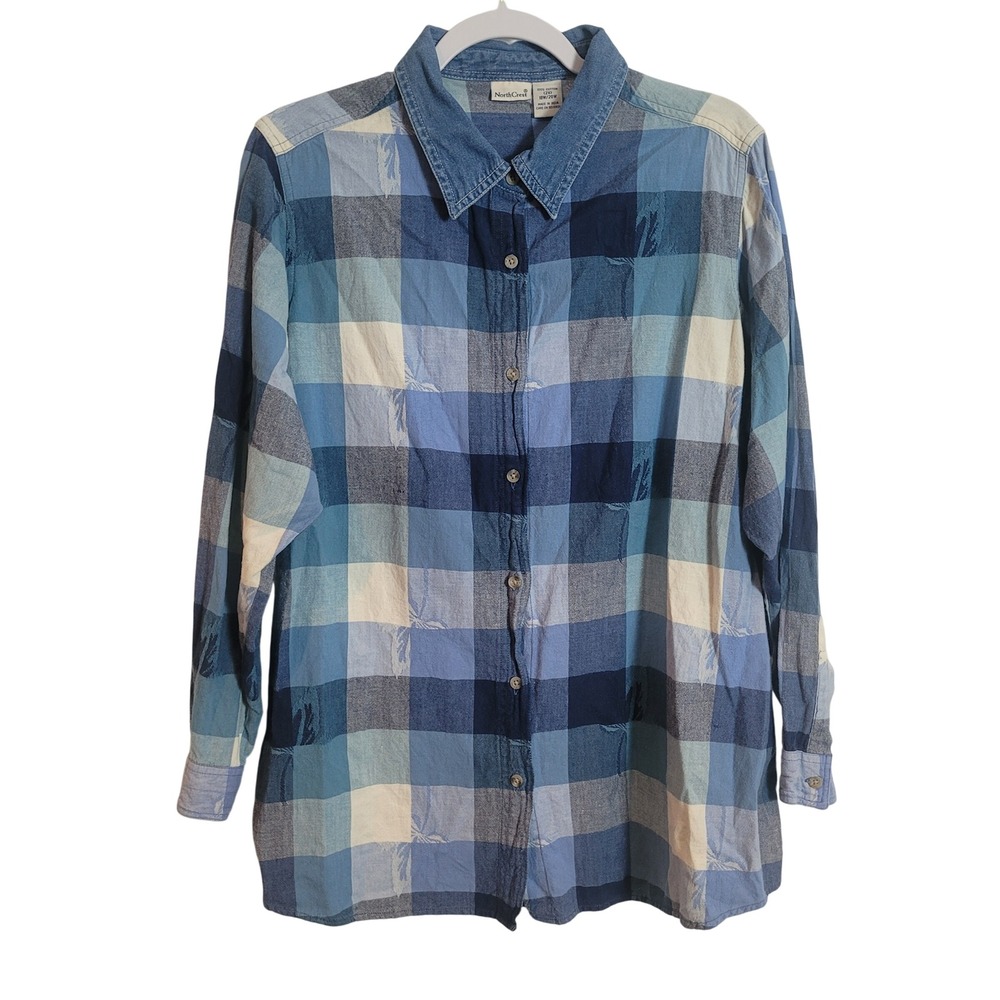 NorthCrest Womens Size 2X Blue Plaid  Denim Palm Tree Button Down Shirt Cotton